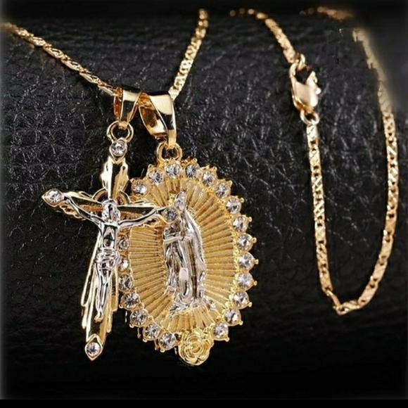 Jewelry - Gold Plated Virgin Mary+Jesus Crucifix Necklace